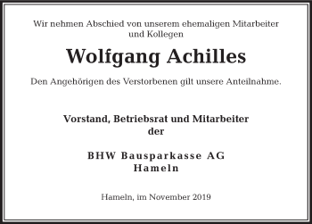 Traueranzeige von Wolfgang Achilles von Deister- und Weserzeitung