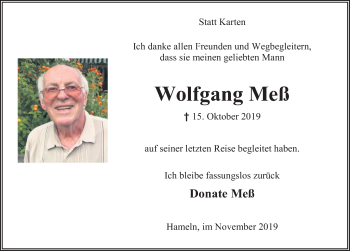 Traueranzeige von Wolfgang Meß von Deister- und Weserzeitung