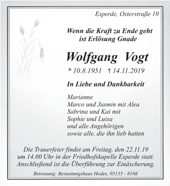 Traueranzeige von Wolfgang Vogt von Deister- und Weserzeitung