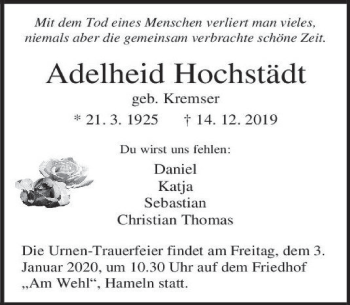 Traueranzeige von Adelheid Hochstädt von Deister- und Weserzeitung