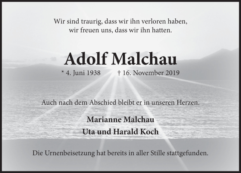  Traueranzeige für Adolf Malchau vom 07.12.2019 aus Deister- und Weserzeitung