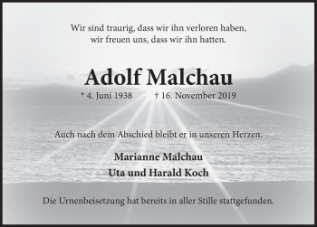Traueranzeige von Adolf Malchau von Deister- und Weserzeitung