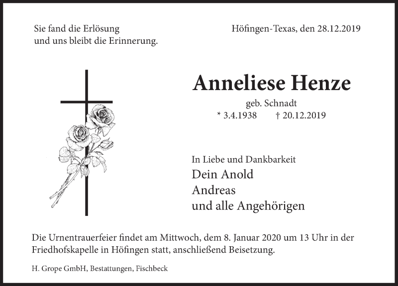  Traueranzeige für Anneliese Henze vom 28.12.2019 aus Deister- und Weserzeitung