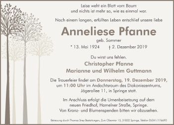 Traueranzeige von Anneliese Pfanne von Neue Deister-Zeitung