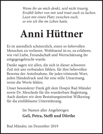 Traueranzeige von Anni Hüttner von Neue Deister-Zeitung