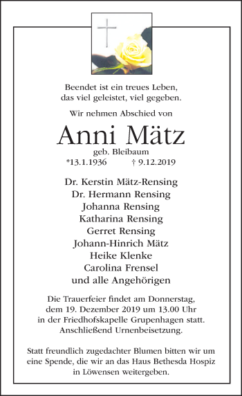 Traueranzeige von Anni Mätz von Deister- und Weserzeitung