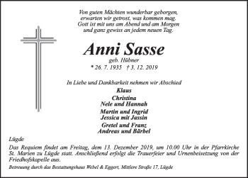 Traueranzeige von Anni Sasse von Deister- und Weserzeitung
