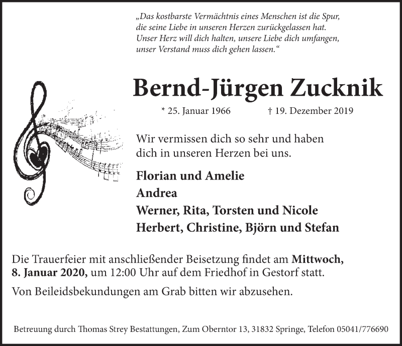  Traueranzeige für Bernd-Jürgen Zucknik vom 31.12.2019 aus Neue Deister-Zeitung