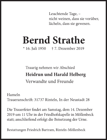 Traueranzeige von Bernd Strathe von Deister- und Weserzeitung