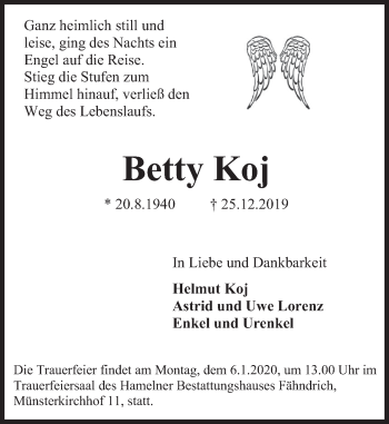 Traueranzeige von Betty Koj von Deister- und Weserzeitung