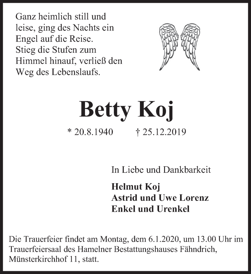  Traueranzeige für Betty Koj vom 28.12.2019 aus Deister- und Weserzeitung