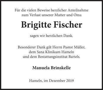 Traueranzeige von Brigitte Fischer von Deister- und Weserzeitung