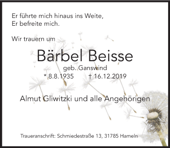 Traueranzeige von Bärbel Beisse von Deister- und Weserzeitung