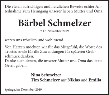 Traueranzeige von Bärbel Schmelzer von Neue Deister-Zeitung
