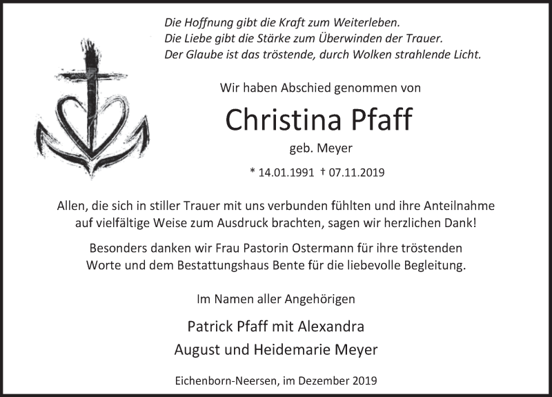 Traueranzeige für Christina Pfaff vom 21.12.2019 aus Deister- und Weserzeitung