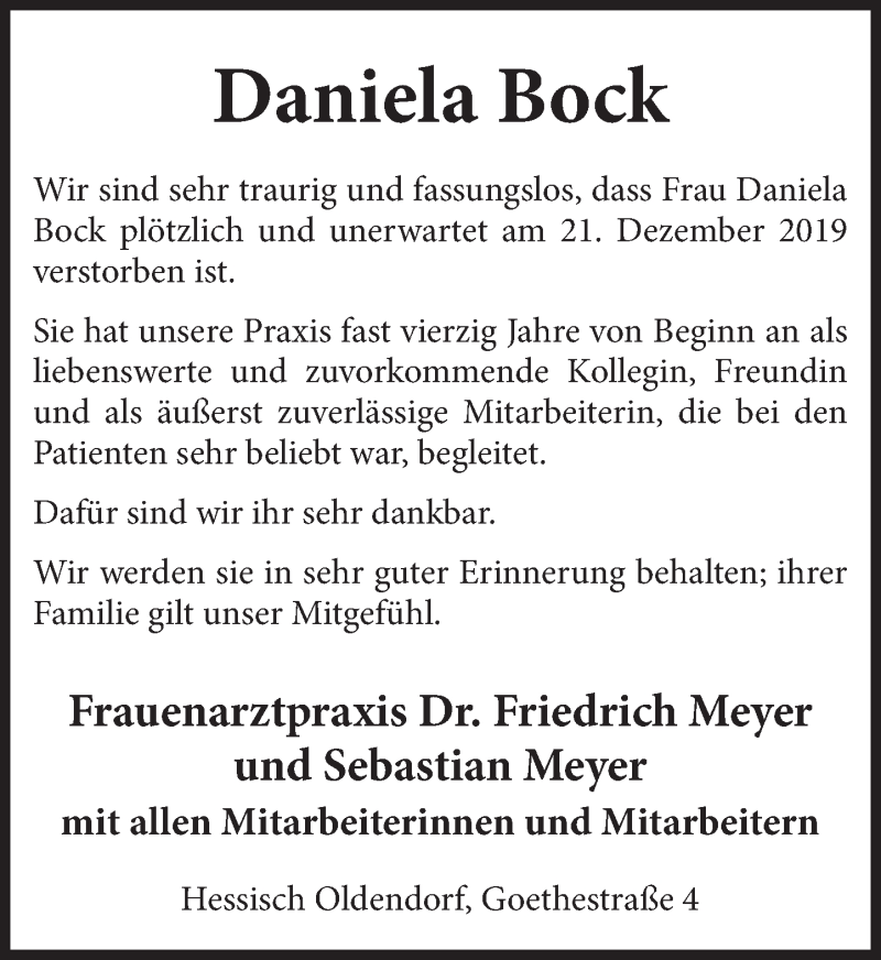  Traueranzeige für Daniela Bock vom 31.12.2019 aus Deister- und Weserzeitung