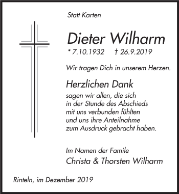 Traueranzeige von Dieter Wilharm von Deister- und Weserzeitung