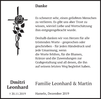Traueranzeige von Dmitri Leonhard von Deister- und Weserzeitung