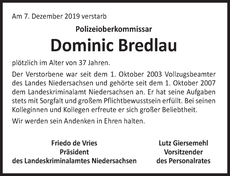  Traueranzeige für Dominic Bredlau vom 21.12.2019 aus Deister- und Weserzeitung