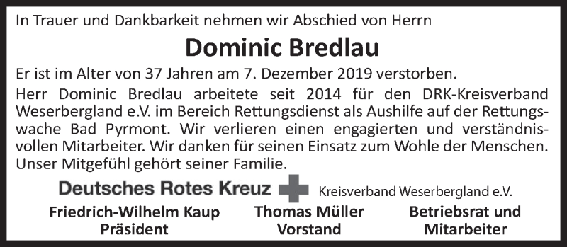  Traueranzeige für Dominic Bredlau vom 18.12.2019 aus Deister- und Weserzeitung