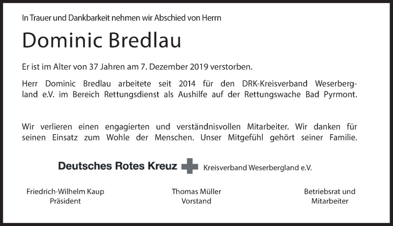  Traueranzeige für Dominic Bredlau vom 18.12.2019 aus Deister- und Weserzeitung