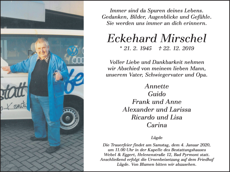  Traueranzeige für Eckehard Mirschel vom 28.12.2019 aus Deister- und Weserzeitung