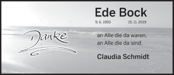 Traueranzeige von Ede Bock von Deister- und Weserzeitung