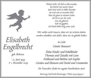 Traueranzeige von Elisabeth Engelbrecht von Neue Deister-Zeitung