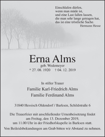 Traueranzeige von Erna Alms von Deister- und Weserzeitung