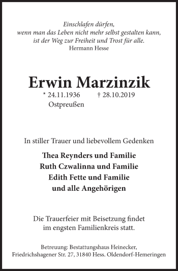 Traueranzeige von Erwin Marzinzik von Deister- und Weserzeitung