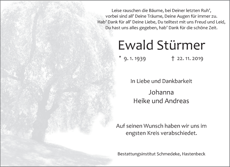  Traueranzeige für Ewald Stürmer vom 07.12.2019 aus Deister- und Weserzeitung