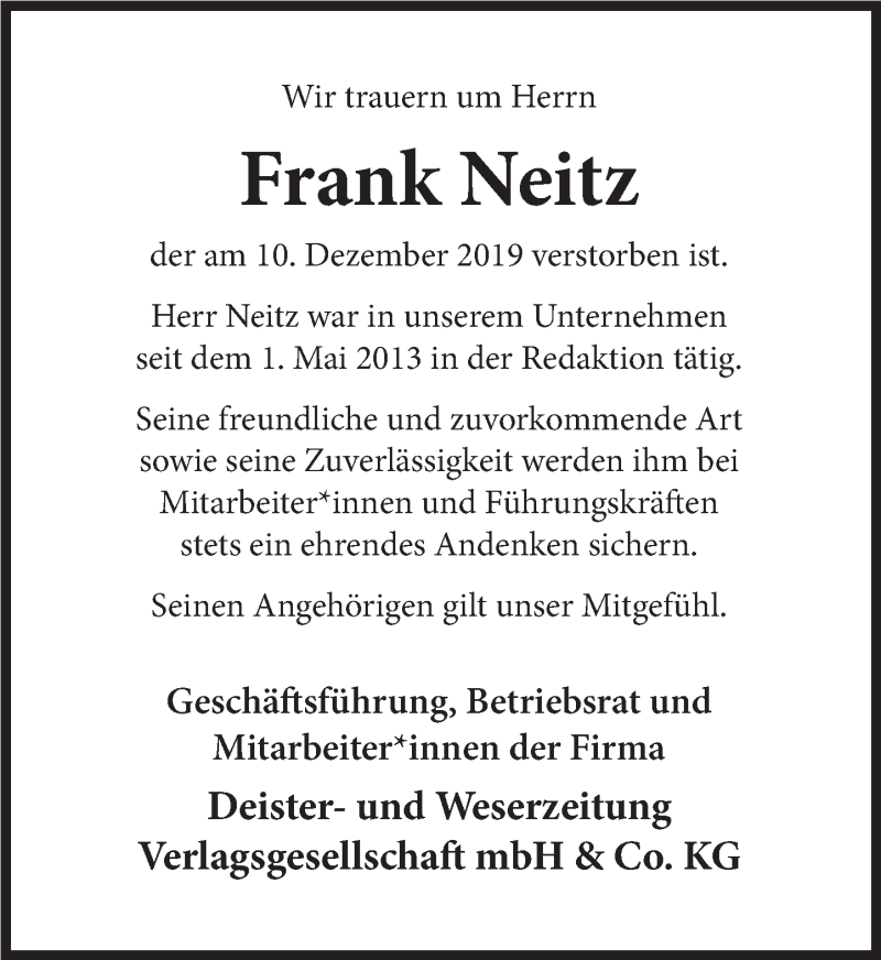  Traueranzeige für Frank Neitz vom 21.12.2019 aus Deister- und Weserzeitung