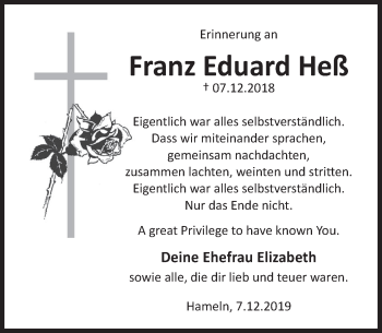 Traueranzeige von Franz Eduard Heß von Deister- und Weserzeitung