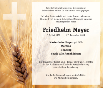 Traueranzeige von Friedhelm Meyer von Neue Deister-Zeitung