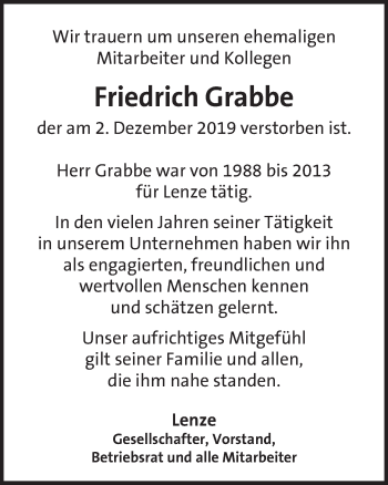 Traueranzeige von Friedrich Grabbe von Deister- und Weserzeitung