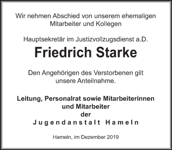 Traueranzeige von Friedrich Starke von Deister- und Weserzeitung