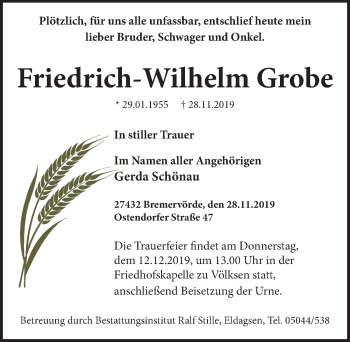 Traueranzeige von Friedrich-Wilhelm Grobe von Neue Deister-Zeitung