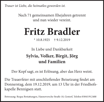 Traueranzeige von Fritz Bradler von Neue Deister-Zeitung