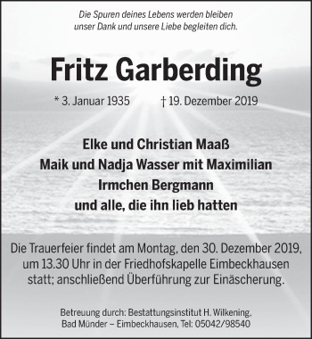 Traueranzeige von Fritz Garberding 