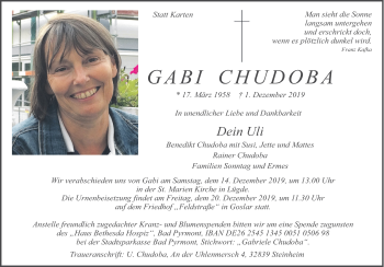 Traueranzeige von Gabi Chudoba von Deister- und Weserzeitung
