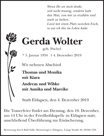 Traueranzeige von Gerda Wolter von Neue Deister-Zeitung