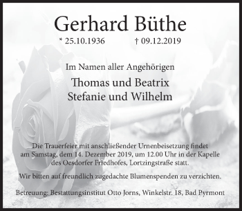 Traueranzeige von Gerhard Büthe von Deister- und Weserzeitung