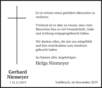 Traueranzeige von Gerhard Niemeyer von Deister- und Weserzeitung
