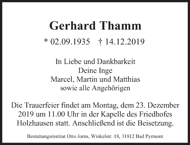  Traueranzeige für Gerhard Thamm vom 19.12.2019 aus Deister- und Weserzeitung