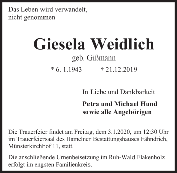 Traueranzeige von Giesela Weidlich von Deister- und Weserzeitung