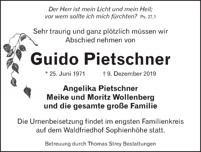  Traueranzeige für Guido Pietschner vom 18.12.2019 aus 