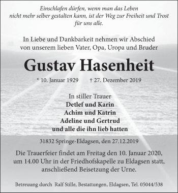 Traueranzeige von Gustav Hasenheit von Neue Deister-Zeitung