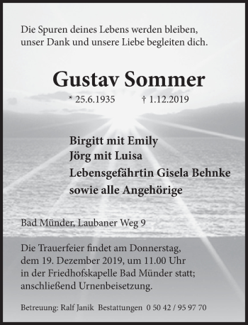 Traueranzeige von Gustav Sommer von Deister- und Weserzeitung