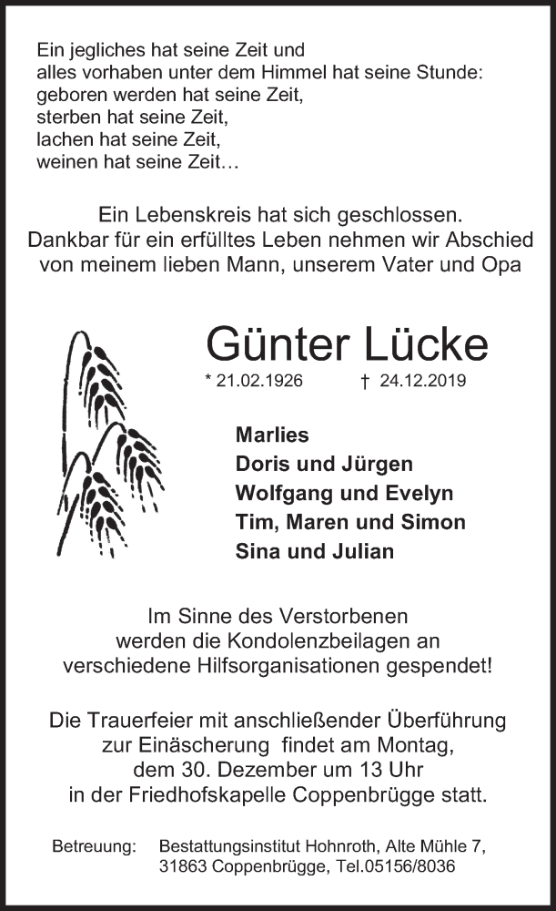  Traueranzeige für Günter Lücke vom 28.12.2019 aus Deister- und Weserzeitung