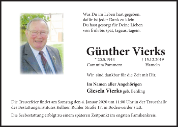 Traueranzeige von Günther Vierks von Deister- und Weserzeitung